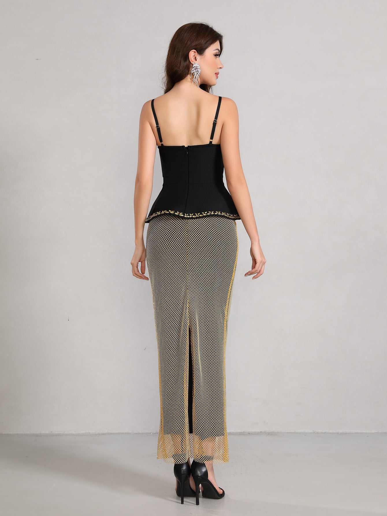 Elegant Embellished Peplum Top and Mesh Overlay Maxi Skirt Set