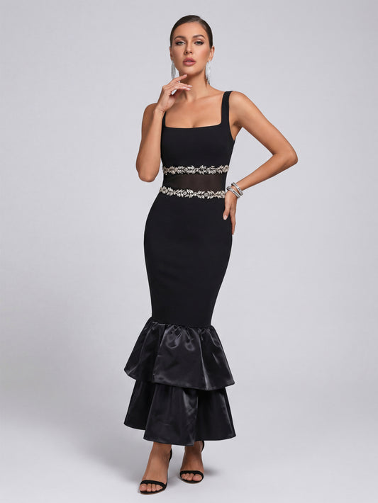 Elegant Black Embellished Waist Evening Dress with Tiered Ruffles