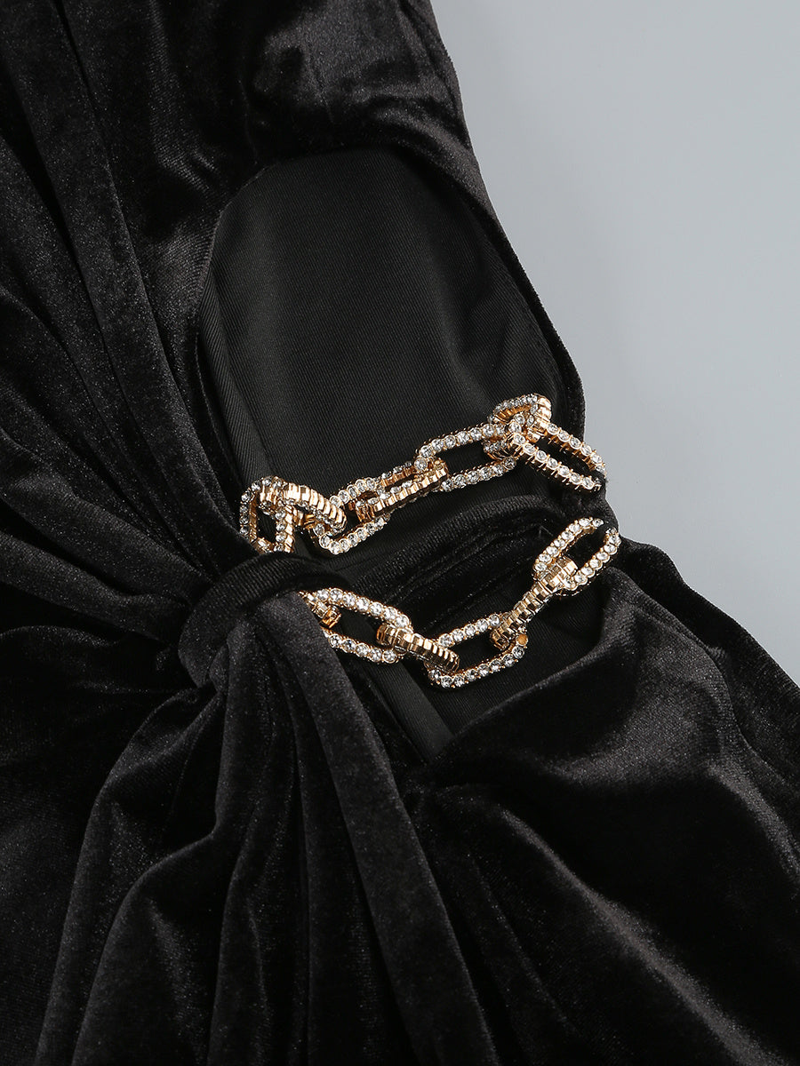 Black Velvet Ruched Cutout Evening Gown