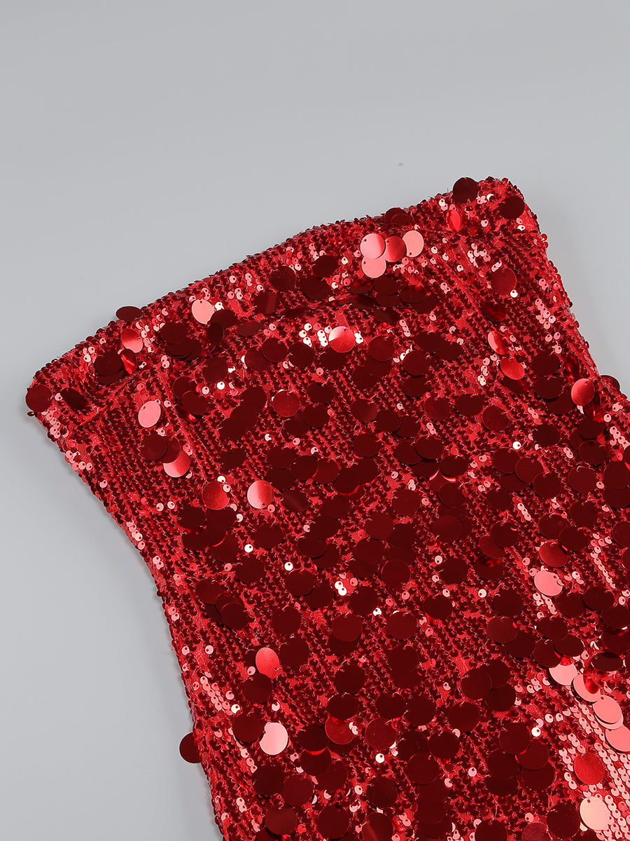 Crimson Red Paillette Strapless Mini Dress