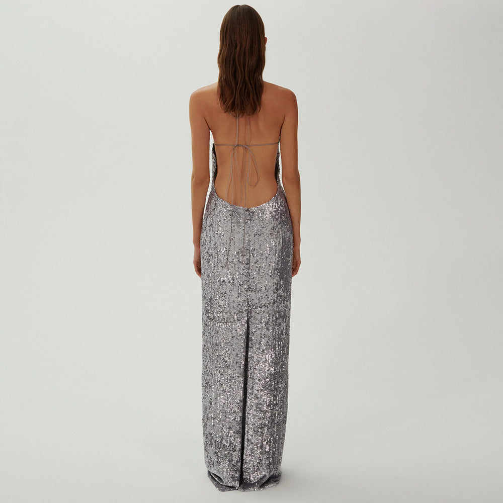 Silver Sequin Halter Maxi Gown with Floral Rosette Detail