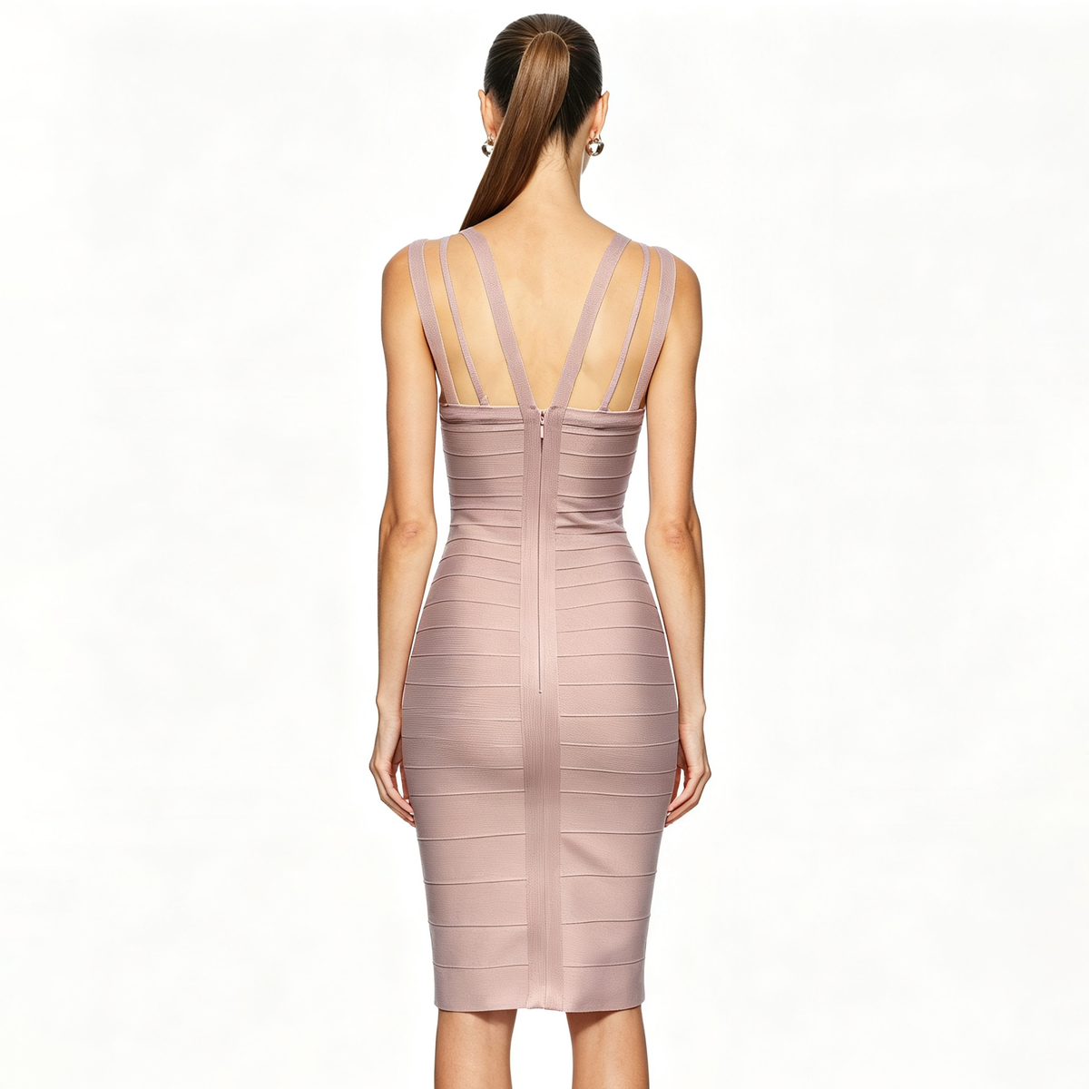 Architectural Harness-Detail Bandage Dress - Dusty Blush