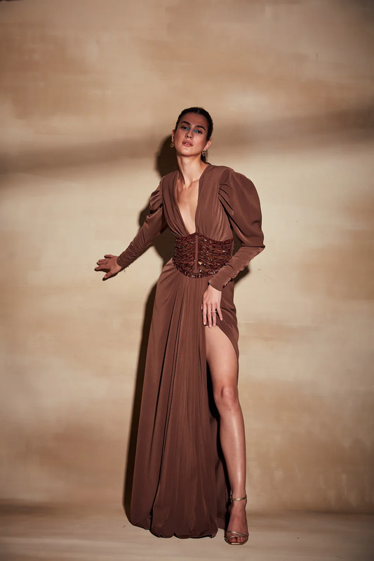 Chocolate Brown Embellished Corset-Waist Slit Gown
