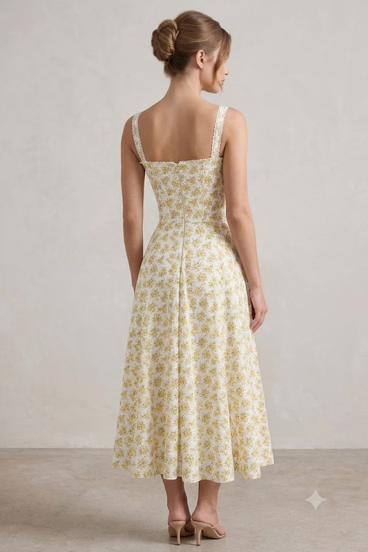 White and Yellow Ditsy Floral Sweetheart Midi Dress