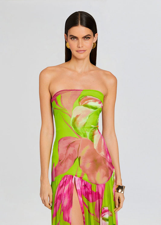 Vibrant Lime Green and Pink Floral Strapless Maxi Dress