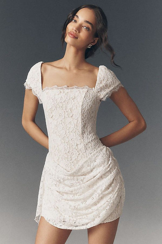 Ivory Floral Lace Corset Mini with Cascading Train