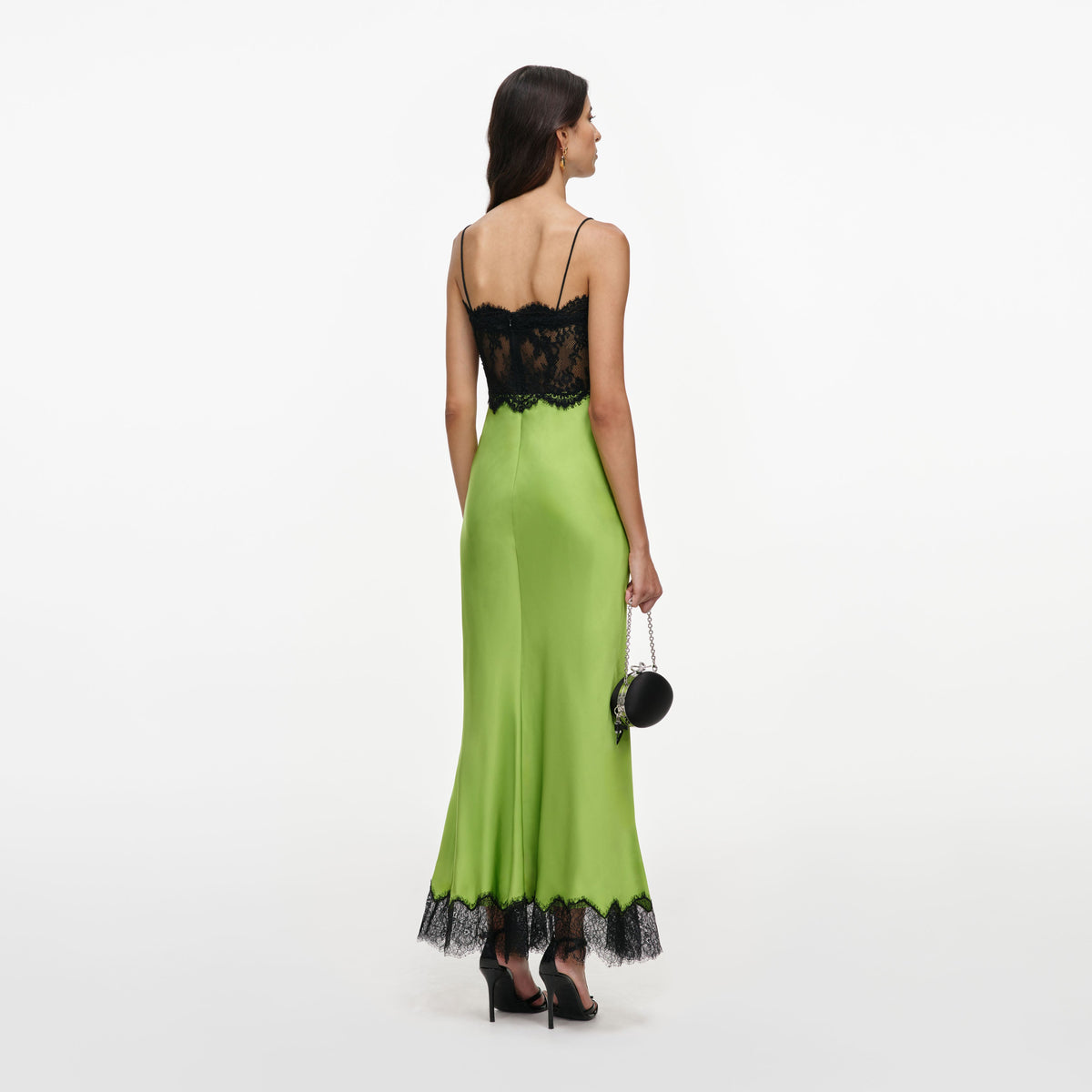 Lime Green Satin & Black Lace Lingerie-Inspired Slip Dress