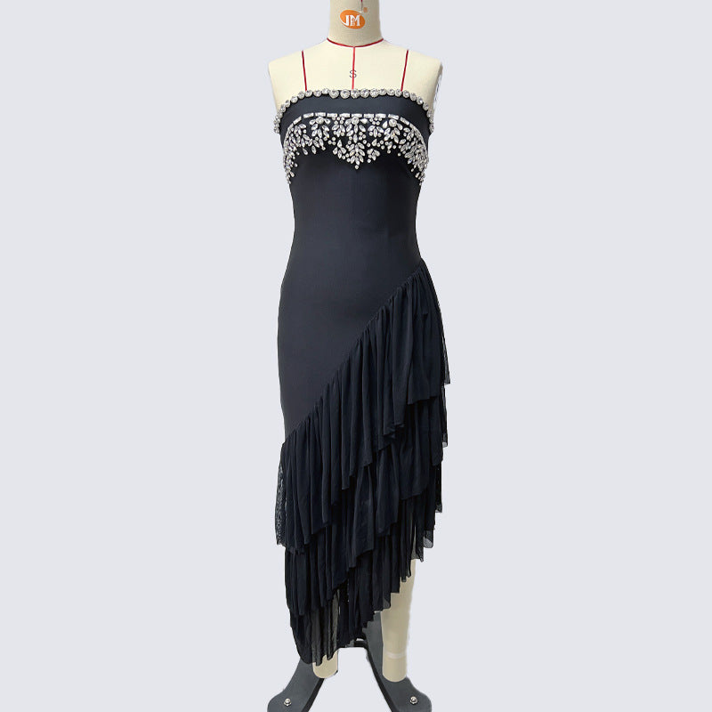Sophisticated Strapless Evening Gown with Embellished Bodice and Cascading Ruffles