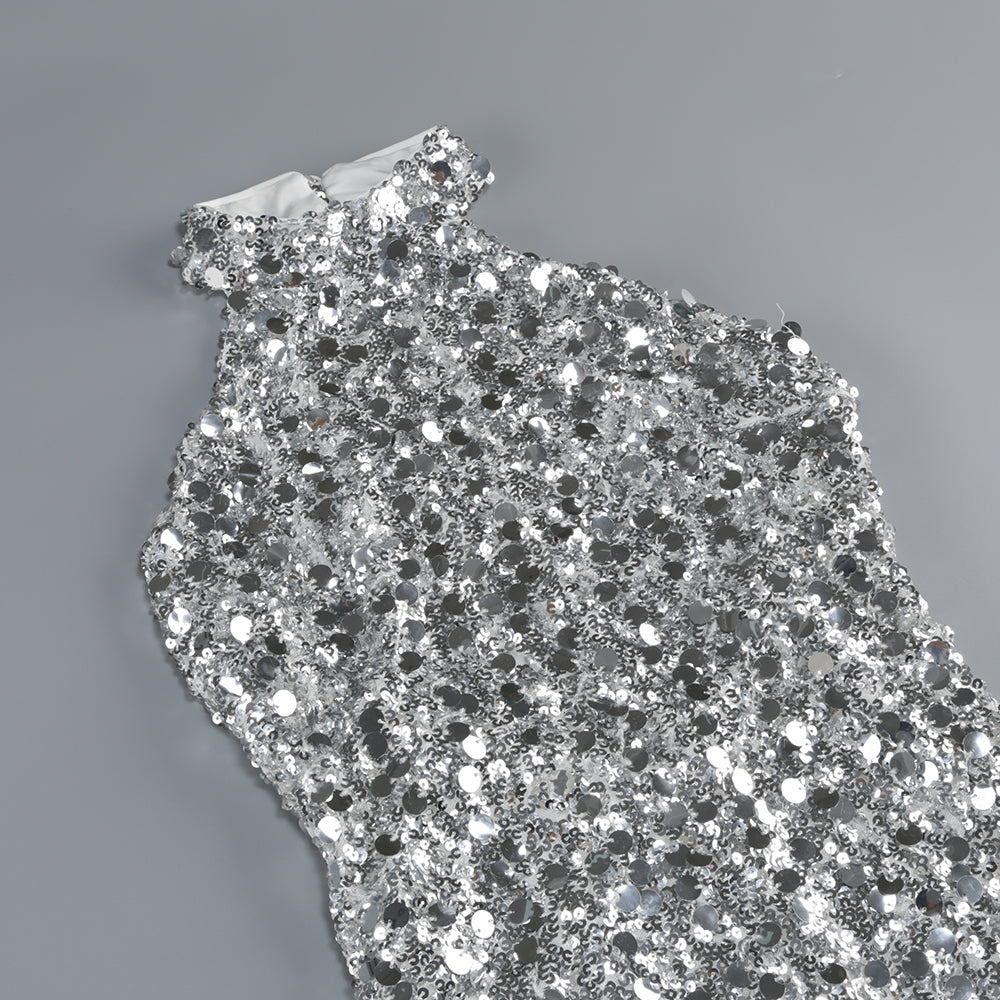 Metallic Paillette Sequin Halter Mini Dress - Silver