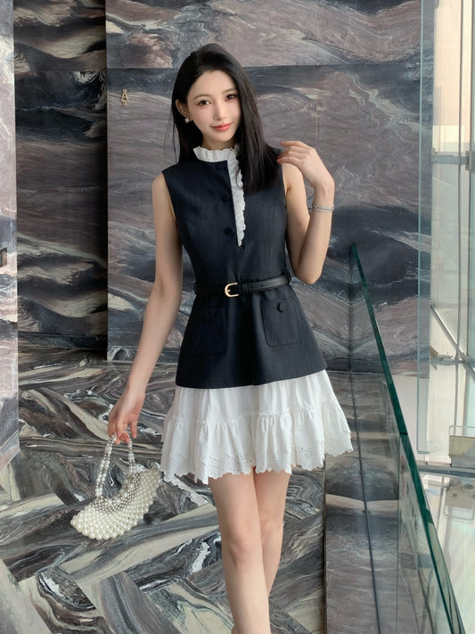 Chic Sleeveless Mock-Neck Layered Mini Dress