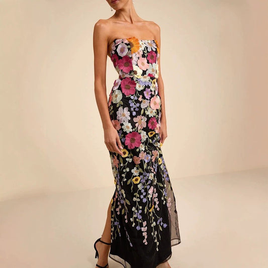 Enchanting Floral Embroidered Strapless Column Gown