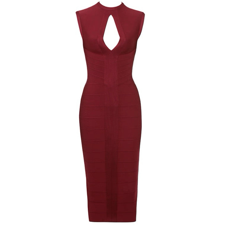 Sophisticated Cut-Out Midi Bandage Dress in Burgundy