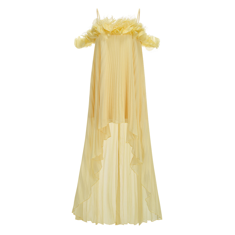 Yellow Pleated Chiffon High-Low Gown