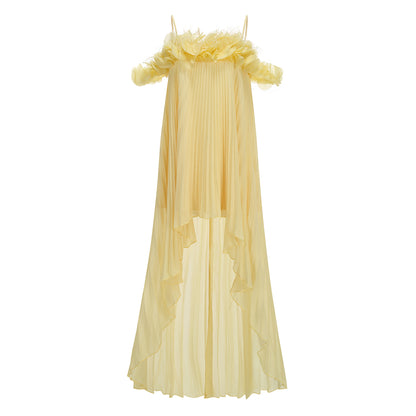 Yellow Pleated Chiffon High-Low Gown
