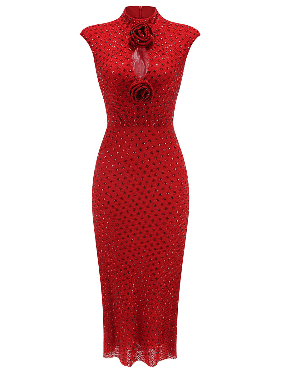 Ruby Red Shimmer Keyhole Rosette Midi Dress