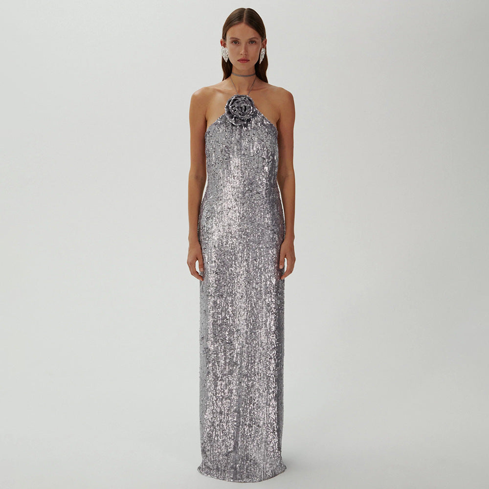 Silver Sequin Halter Maxi Gown with Floral Rosette Detail