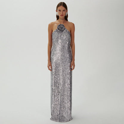 Silver Sequin Halter Maxi Gown with Floral Rosette Detail