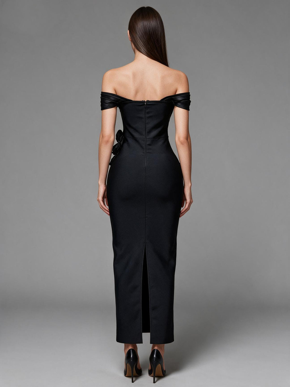 Sculptural 3D Floral Appliqué Off-The-Shoulder Column Gown - Onyx Black