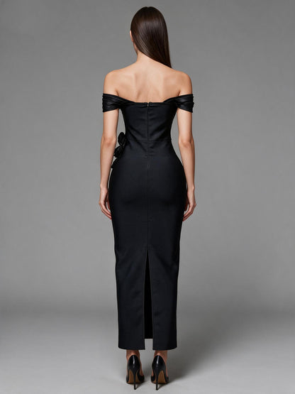 Sculptural 3D Floral Appliqué Off-The-Shoulder Column Gown - Onyx Black