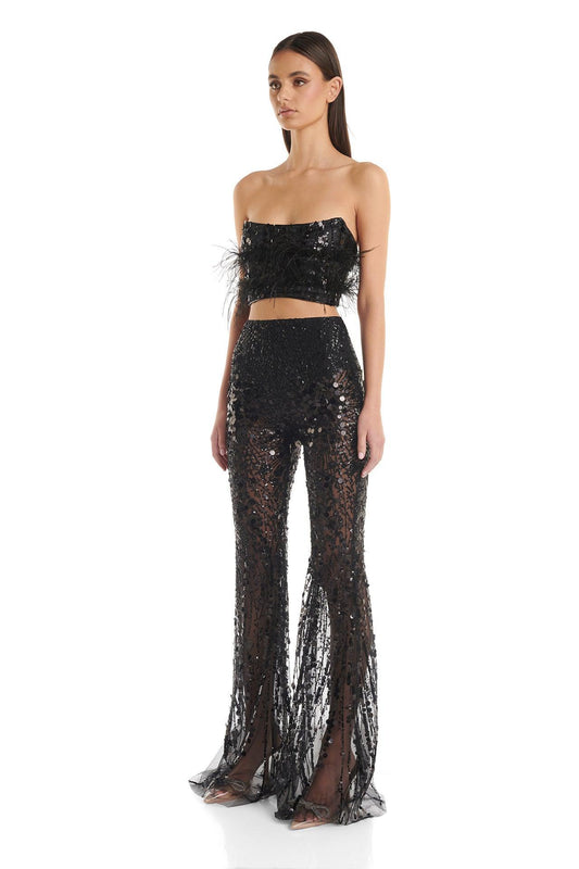 Black Feather-Trimmed Crop Top and Sheer Sequin Flared Pants Set