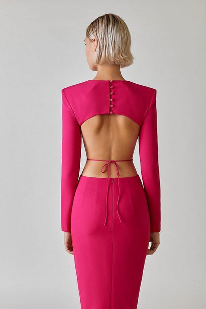 Fuchsia Power Shoulder Cutout Midi Dress