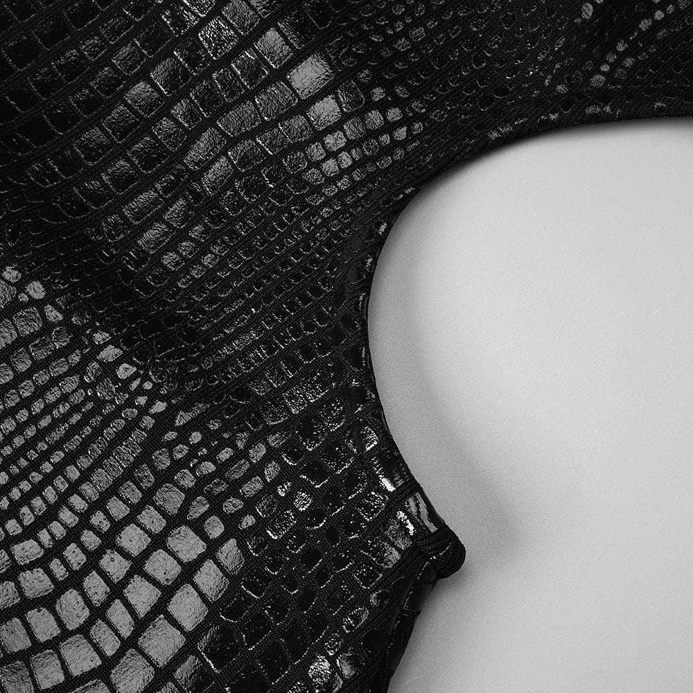 Black Croc-Embossed Cutout Halter Gown