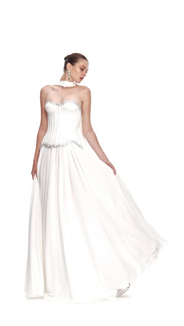 Crystal-Trimmed Corset Gown with Draped Scarf - White