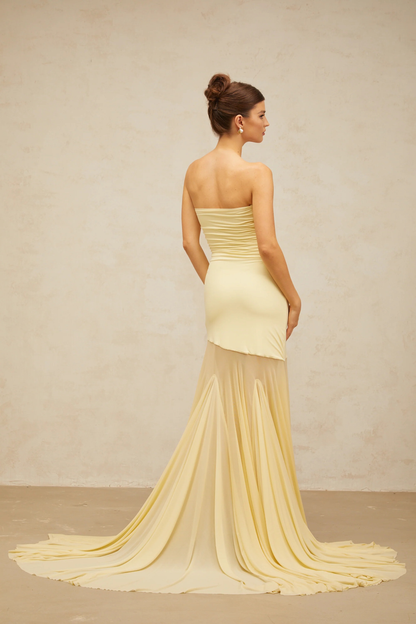 Seraphina Strapless Pale Yellow Gown with Pleated Chiffon Train