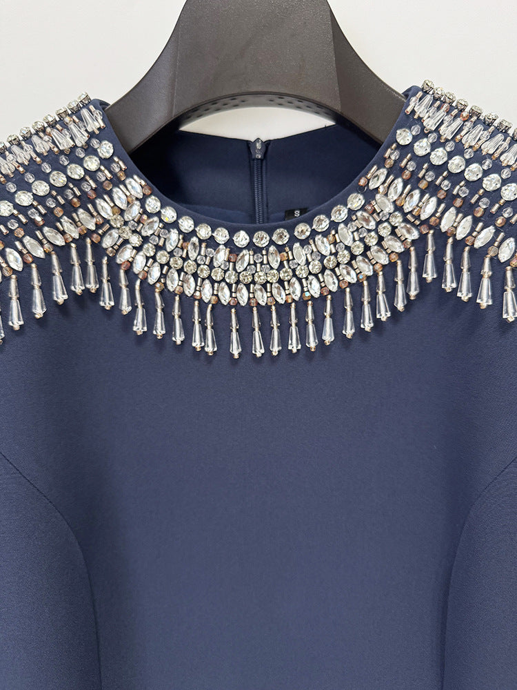 Embellished Epaulet Long-Sleeve Column Gown - Midnight Navy