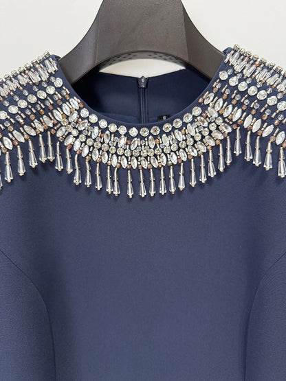 Embellished Epaulet Long-Sleeve Column Gown - Midnight Navy