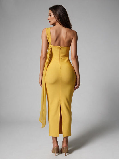 Mustard Yellow Asymmetric Cocktail Gown with Chiffon Drape