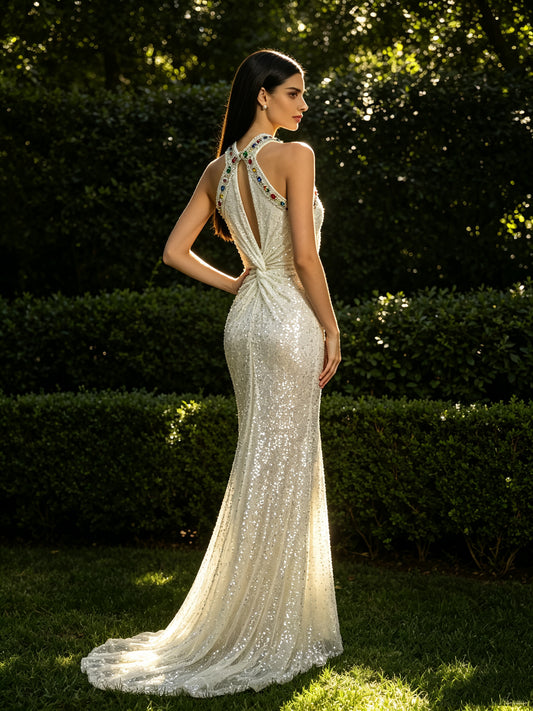 Multi-Jewel Halter Twist-Front Sequin Evening Gown - White