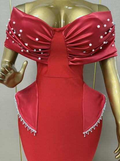 Crimson Red Pearl-Embellished Off-the-Shoulder Dress
