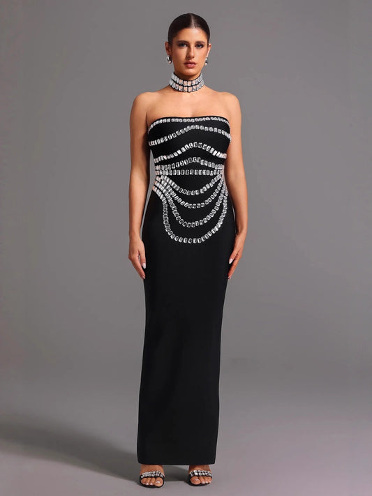 Sophisticated Crystal-Embellished Strapless Column Gown