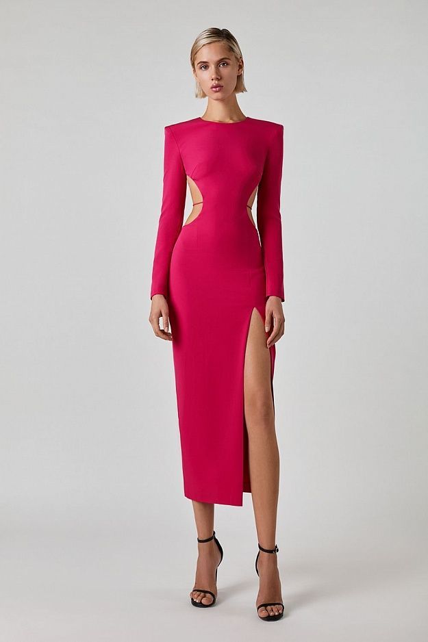 Fuchsia Power Shoulder Cutout Midi Dress