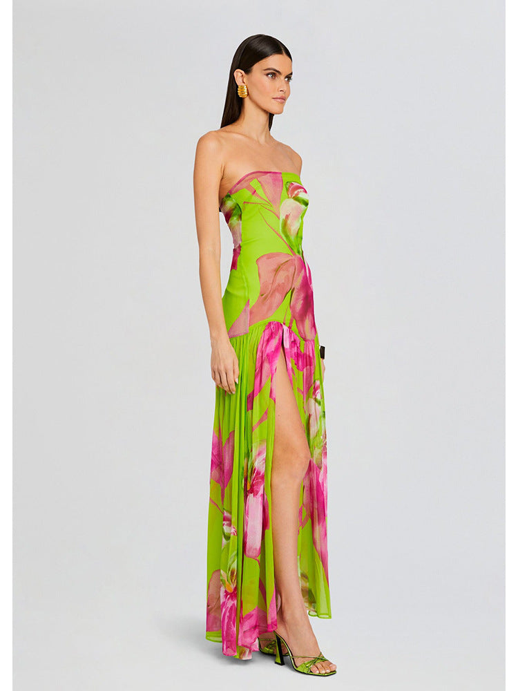 Vibrant Lime Green and Pink Floral Strapless Maxi Dress