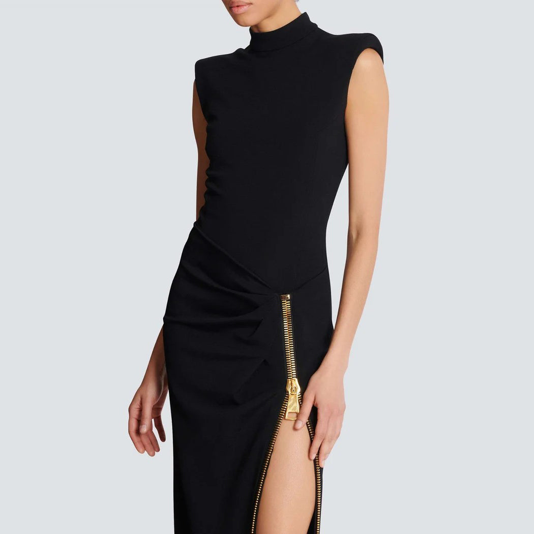 Architectural Strong-Shoulder Zip Column Gown - Onyx Black