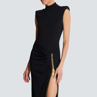 Architectural Strong-Shoulder Zip Column Gown - Onyx Black