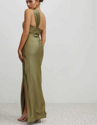 Asymmetrical Twisted Cutout Satin Gown - Luminous Olive