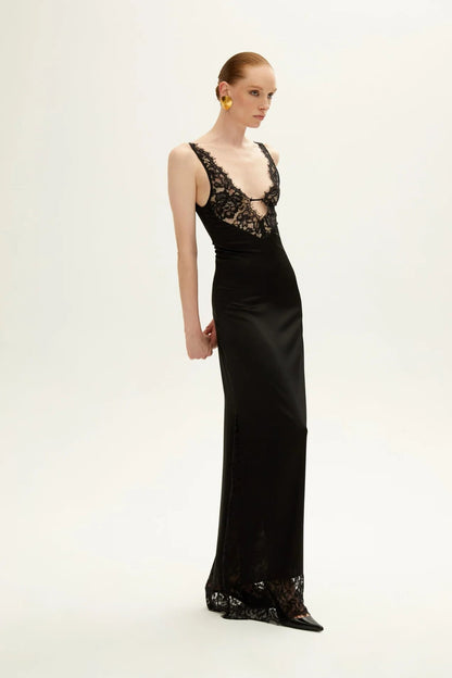 The Simone Lace-Inlay Silk Column Gown