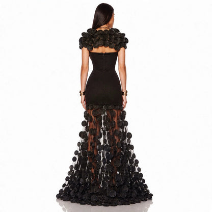 Sculptural 3D Petal Illusion Gown - Onyx Black
