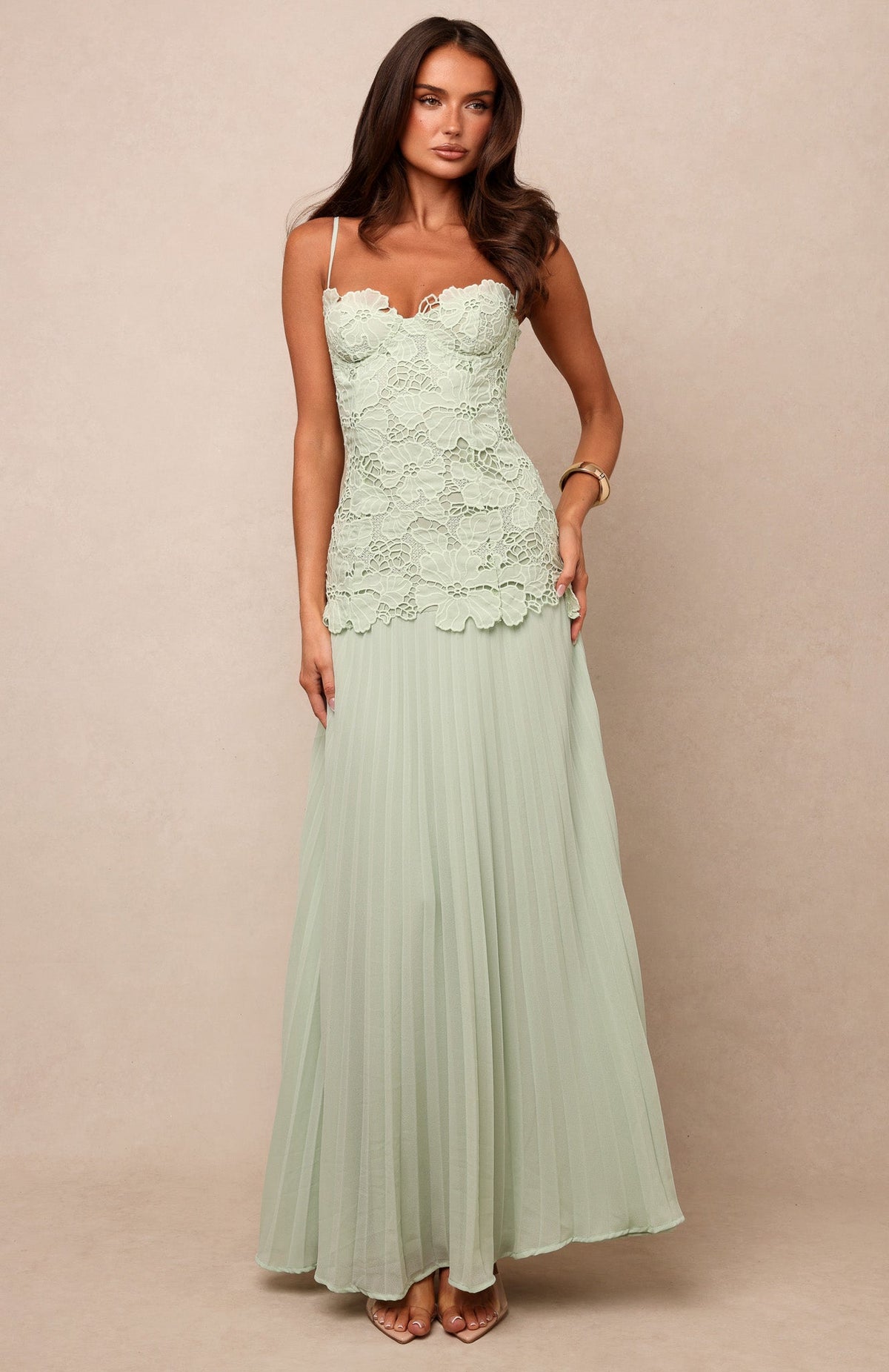 Floral Lace Corseted Pleated Gown - Soft Sage Green