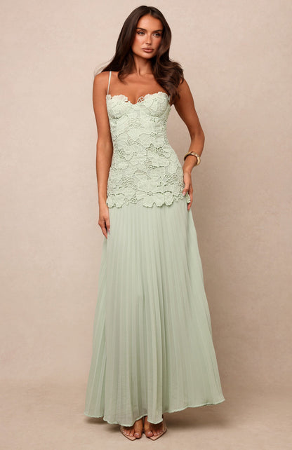 Floral Lace Corseted Pleated Gown - Soft Sage Green