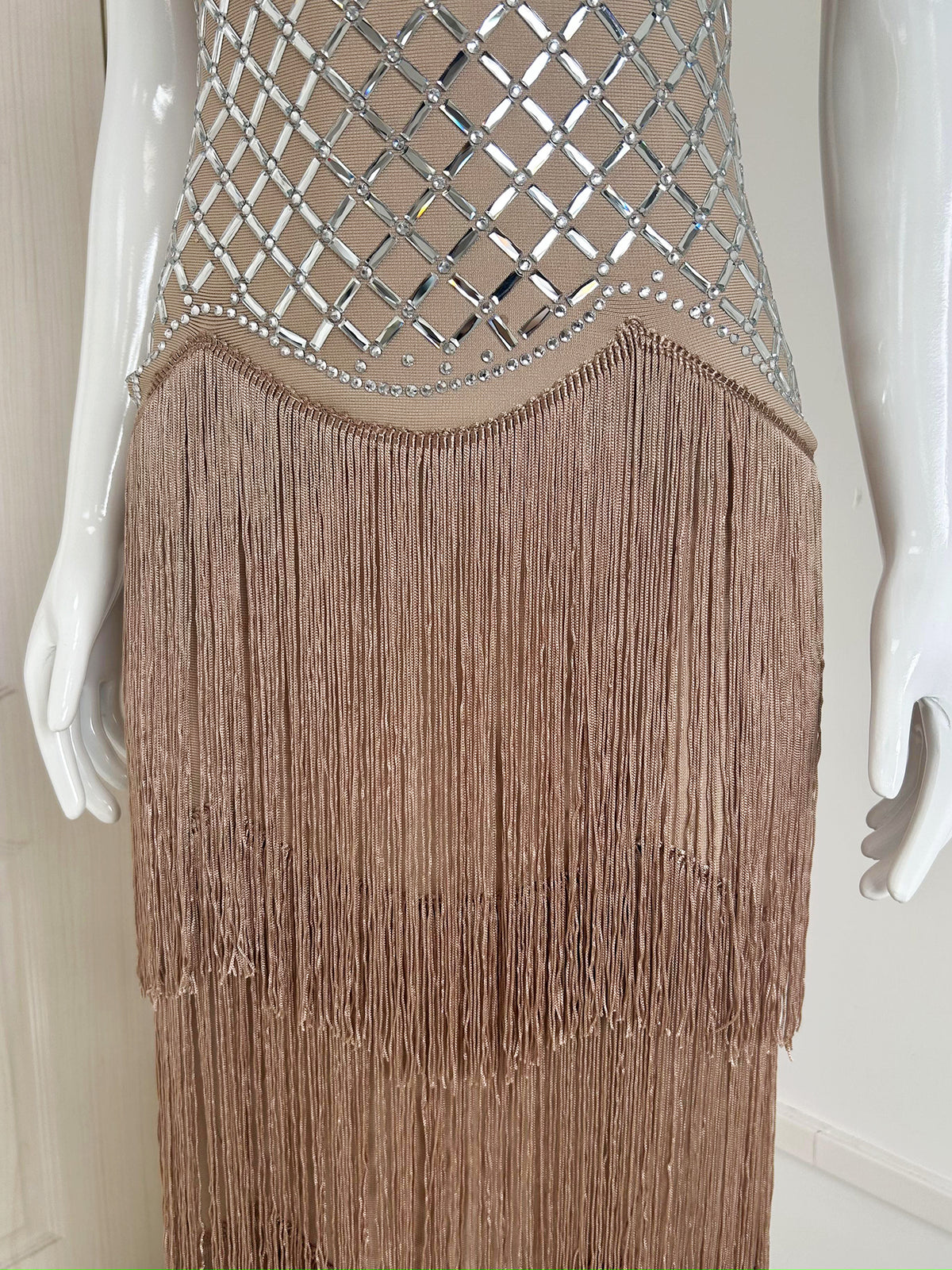 Beaded Lattice Tiered Fringe Gown - Champagne Taupe