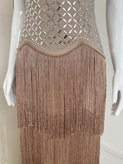 Beaded Lattice Tiered Fringe Gown - Champagne Taupe