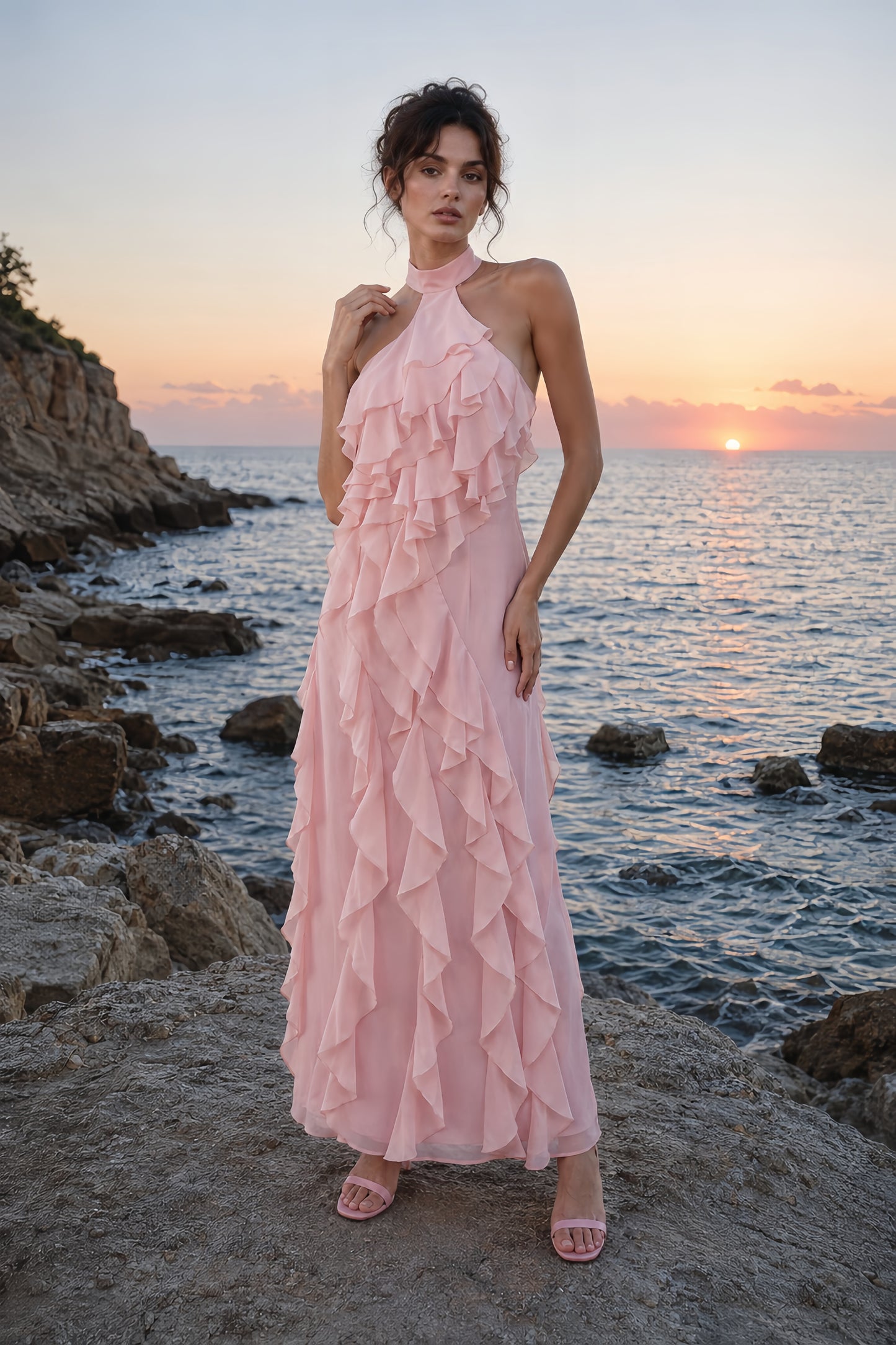 Cascading Ruffle Halter Maxi Dress - Blush Pink