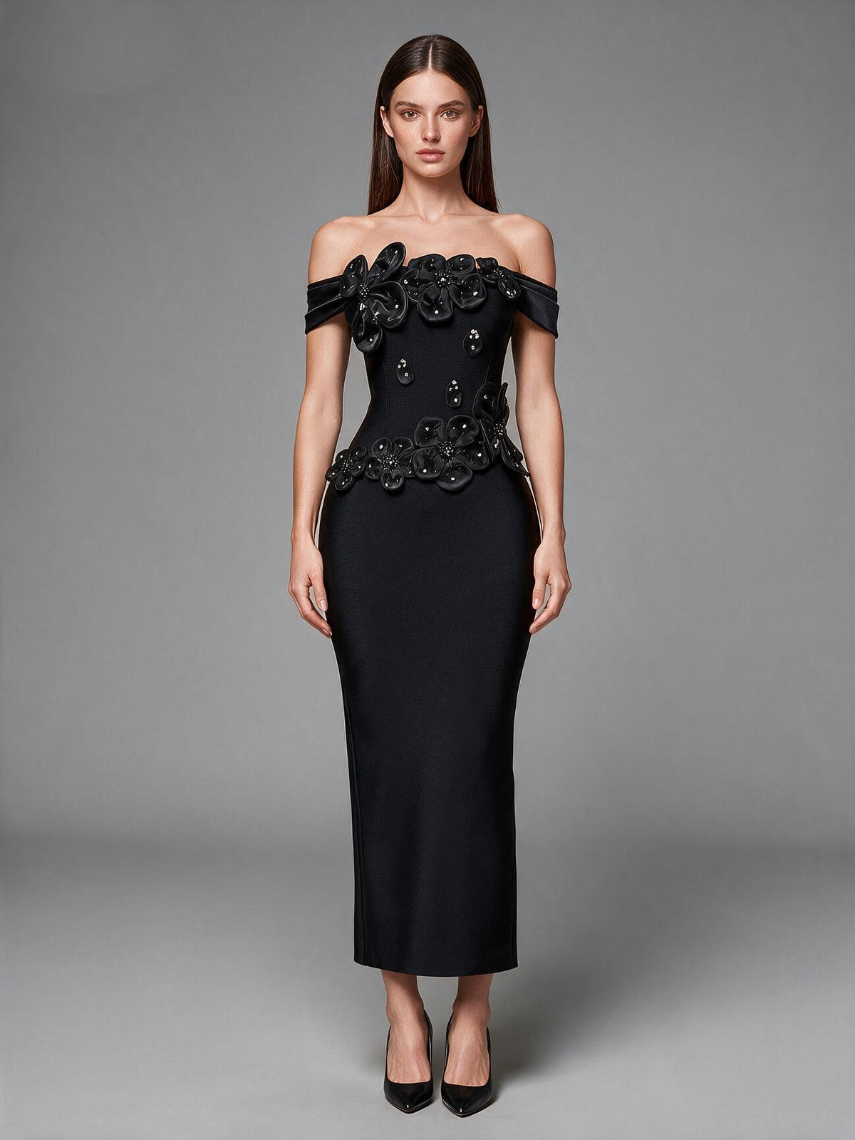Sculptural 3D Floral Appliqué Off-The-Shoulder Column Gown - Onyx Black