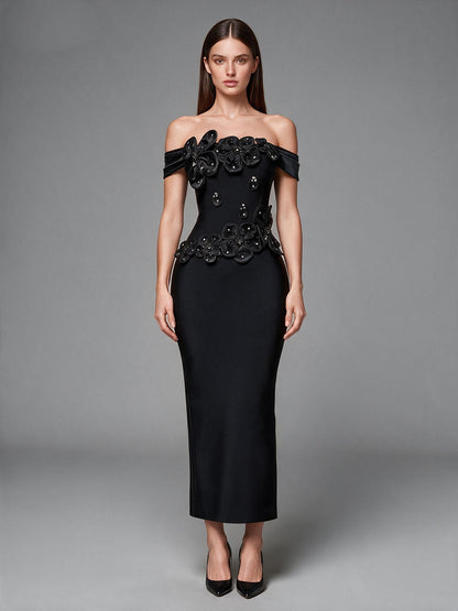 Sculptural 3D Floral Appliqué Off-The-Shoulder Column Gown - Onyx Black