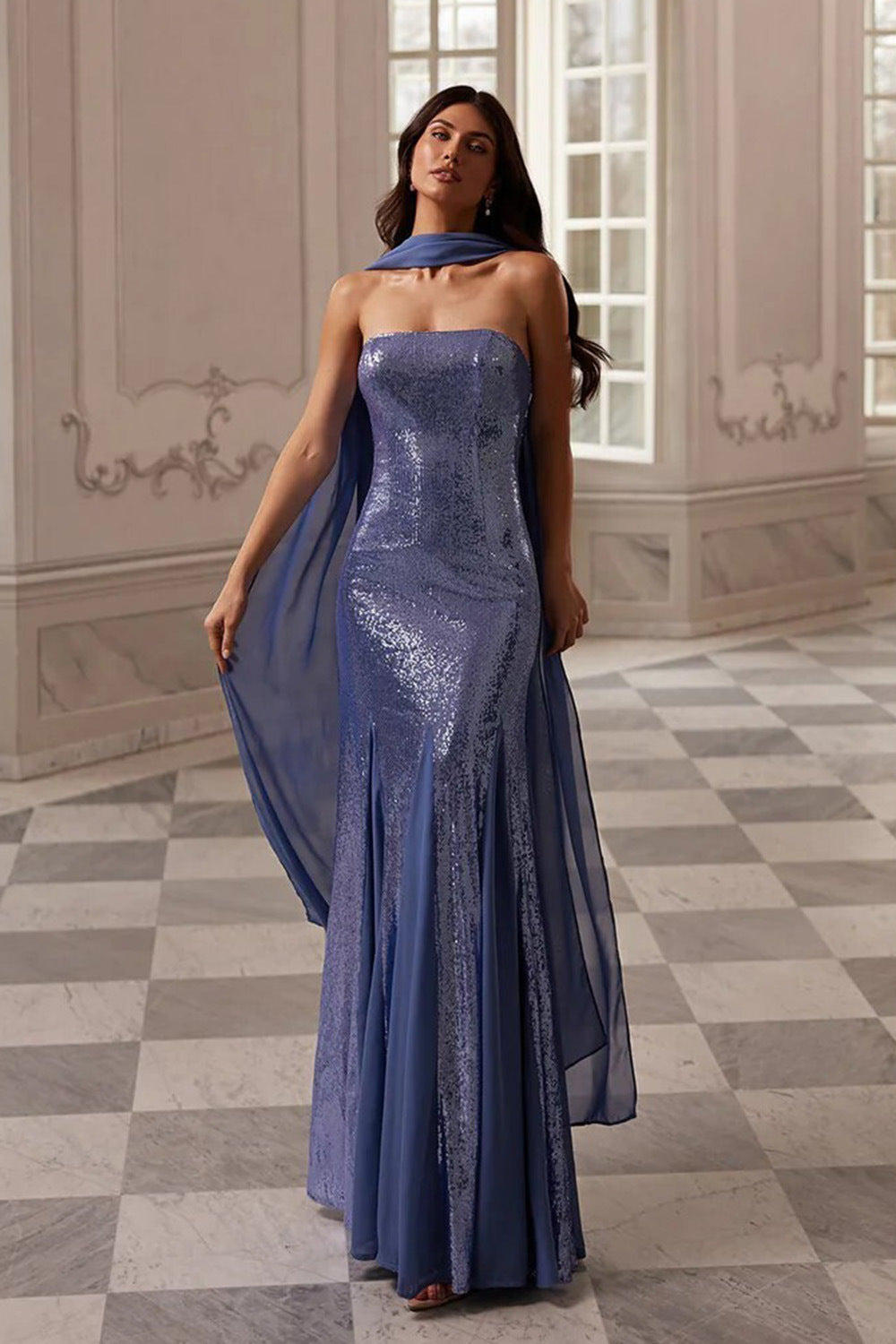 Shimmering Strapless Sequin Mermaid Gown with Chiffon Drape