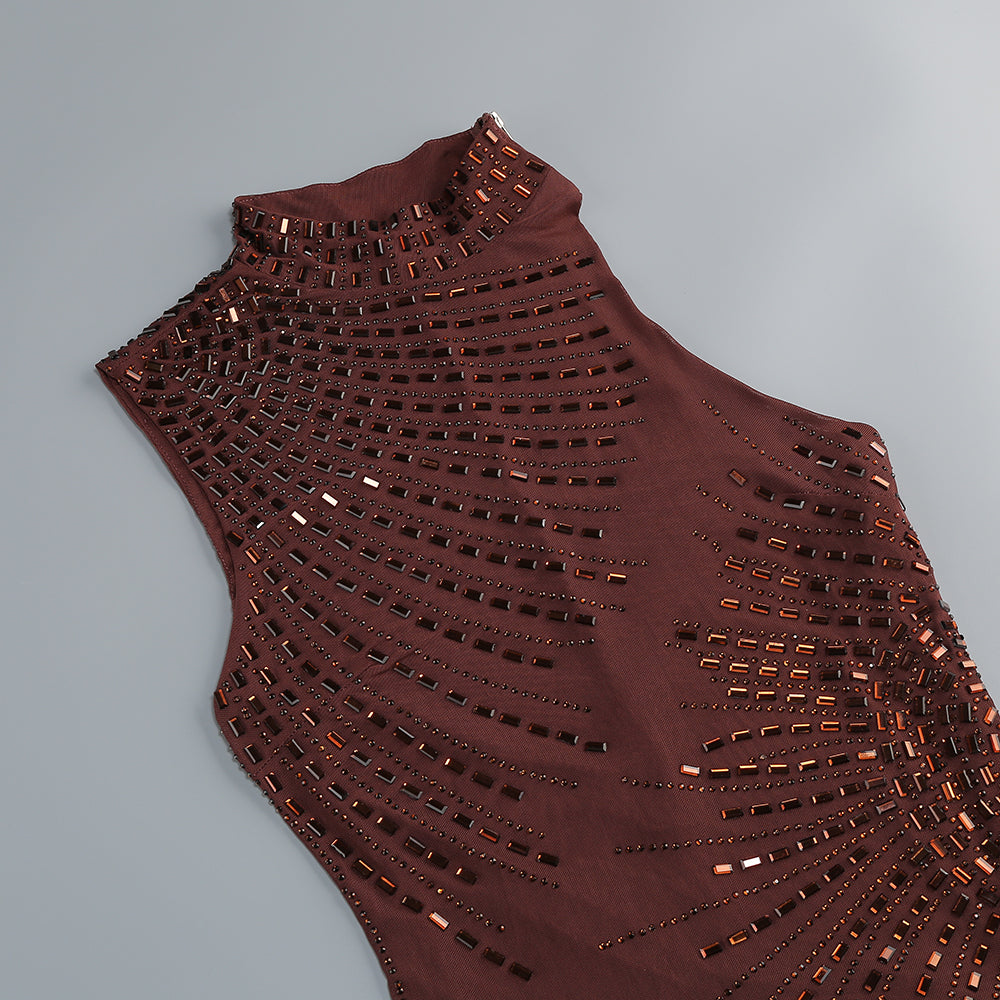 Embellished Sheer Mesh Gown - Chocolate Brown
